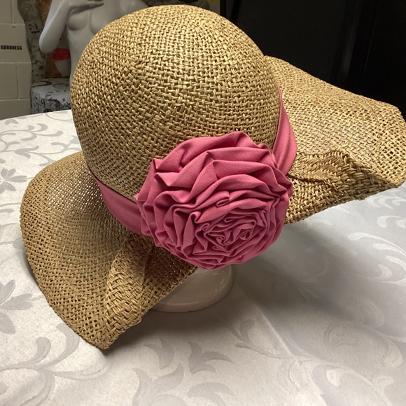 Women’s straw hat, turned back, brown, beautiful pink bow - Picture 2 of 7